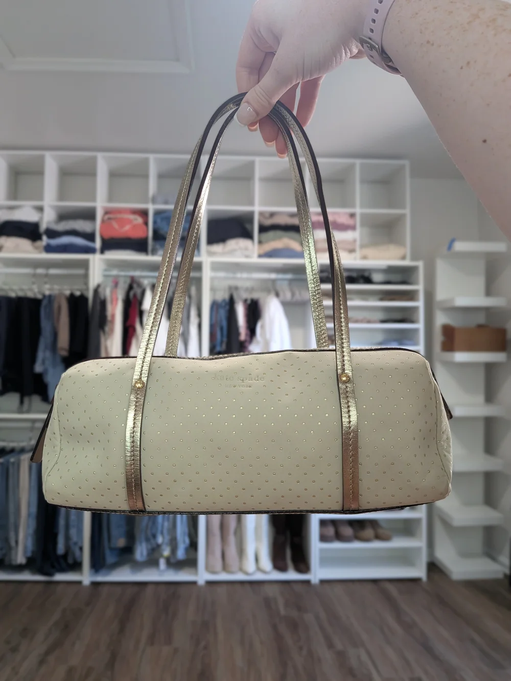 Vintage Y2K Kate Spade Metallic Gold & Cream Barrel Bag w/ Card - Mint Condition